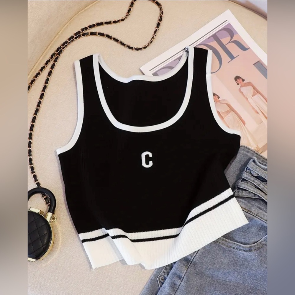 Fashionable Letter Print Rib-Knit Colorblock Tank Top